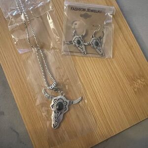 Silver Bull Skull Necklace and Earring Set